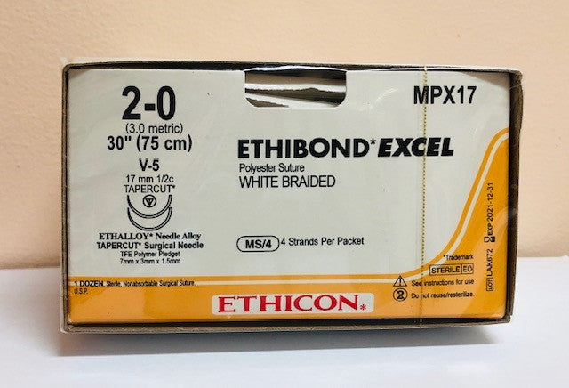 Suture, Tapercut, Size 2-0, 4-30", White Braided, Needle V-5 V-5, _ Circle, _" x 1/8" x 1/16" Firm TFE Polymer Pledgets, 1 dz/bx (Continental US Only)