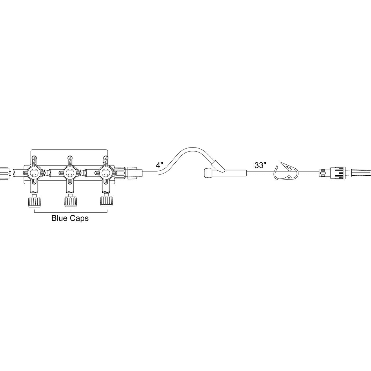 Extension Set, Standard Bore, 3-Gang, Large Bore, 4-Way HI-FLO Manifold, Non-Vented Blue Caps on Middle Ports, Detachable Standard Bore Extension with Y Injection Site, Pinch Clamp, Slide Swivel, Male Luer Lock, 5.5 ml, 42", Non-DEHP, 25/cs (US Only) (Item on Manufacturer Back Order with no Estimated Time of Availability)