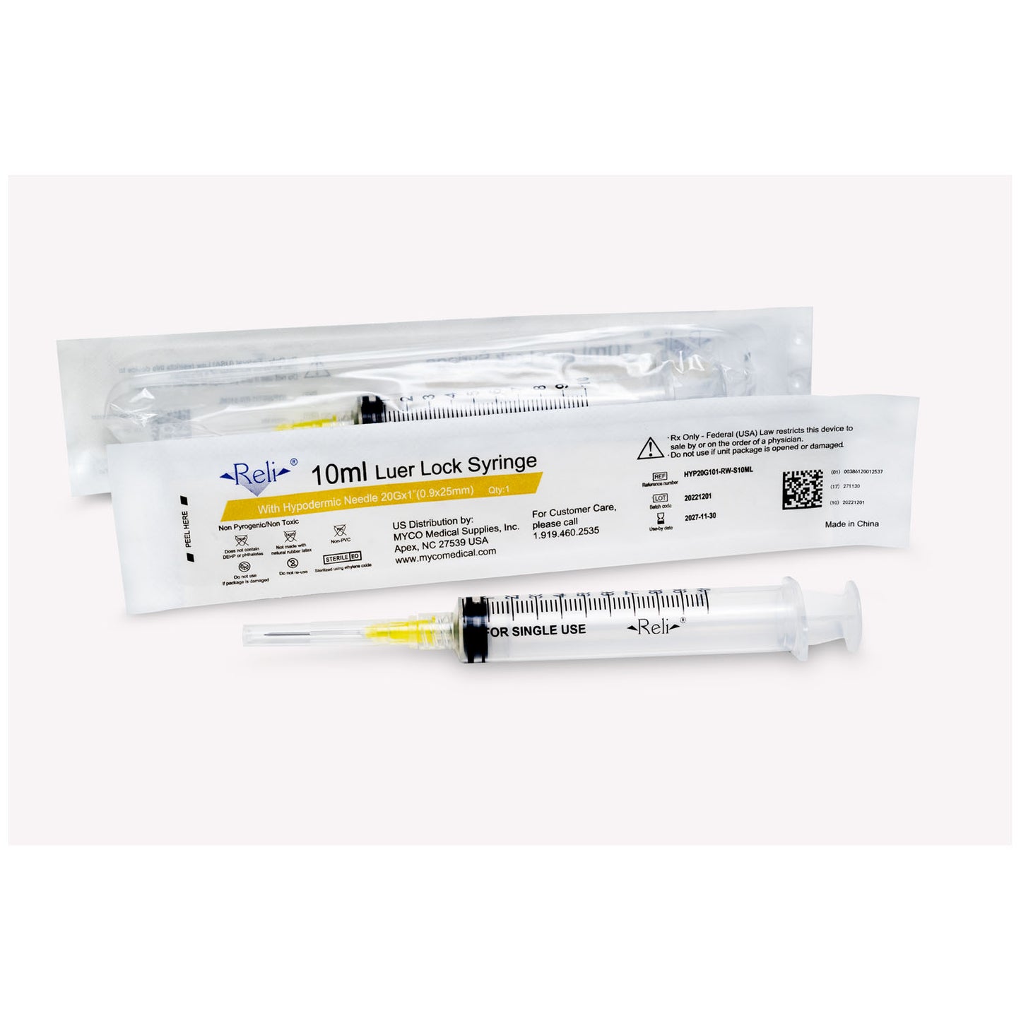 Syringe with Detachable Hypodermic Needle, 10 mL, 20G x 1", Regular Wall/Bevel, 100/bx (US Only)