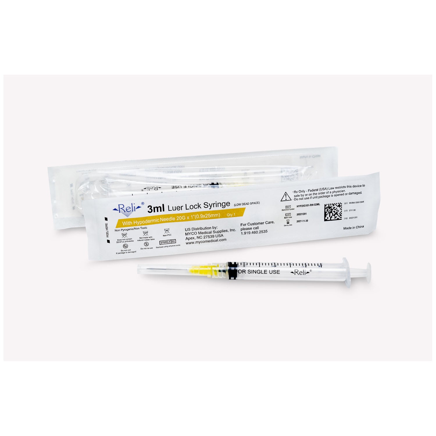 Syringe with Detachable Hypodermic Needle, 3 mL, 20G x 1", Low Dead Space, Regular Wall/Bevel, 100/bx (US Only)
