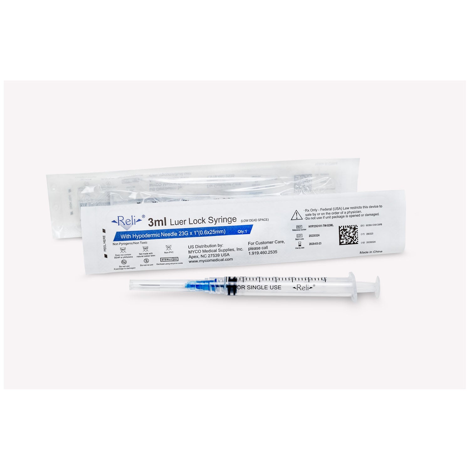 Syringe with Detachable Hypodermic Needle, 3 mL, 23G x 1", Low Dead Space, Thin Wall, Regular Bevel, 100/bx (US Only)