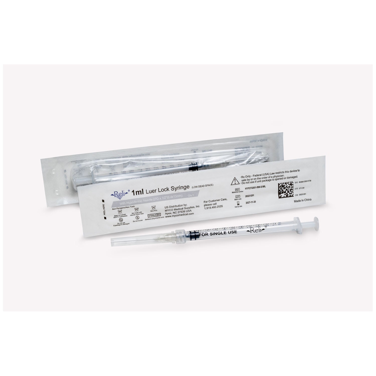 Syringe with Detachable Hypodermic Needle, 1 mL, 27G x 1/2", Low Dead Space, Regular Wall/Bevel, 100/bx (US Only)