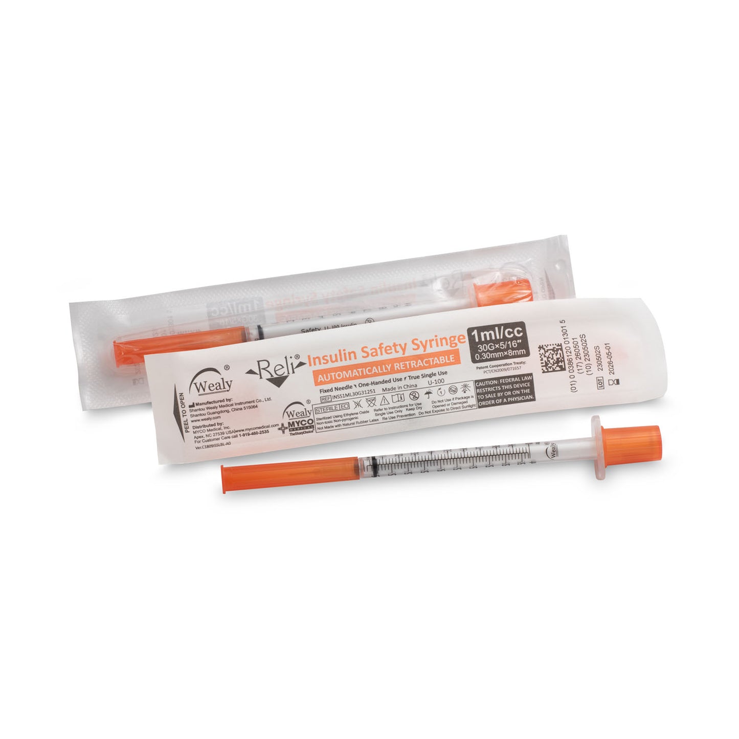 Safety Insulin Hypodermic Needle with 1mL Syringe, 30G x 5/16", 100/bx (Available for Sale in US & Canada)