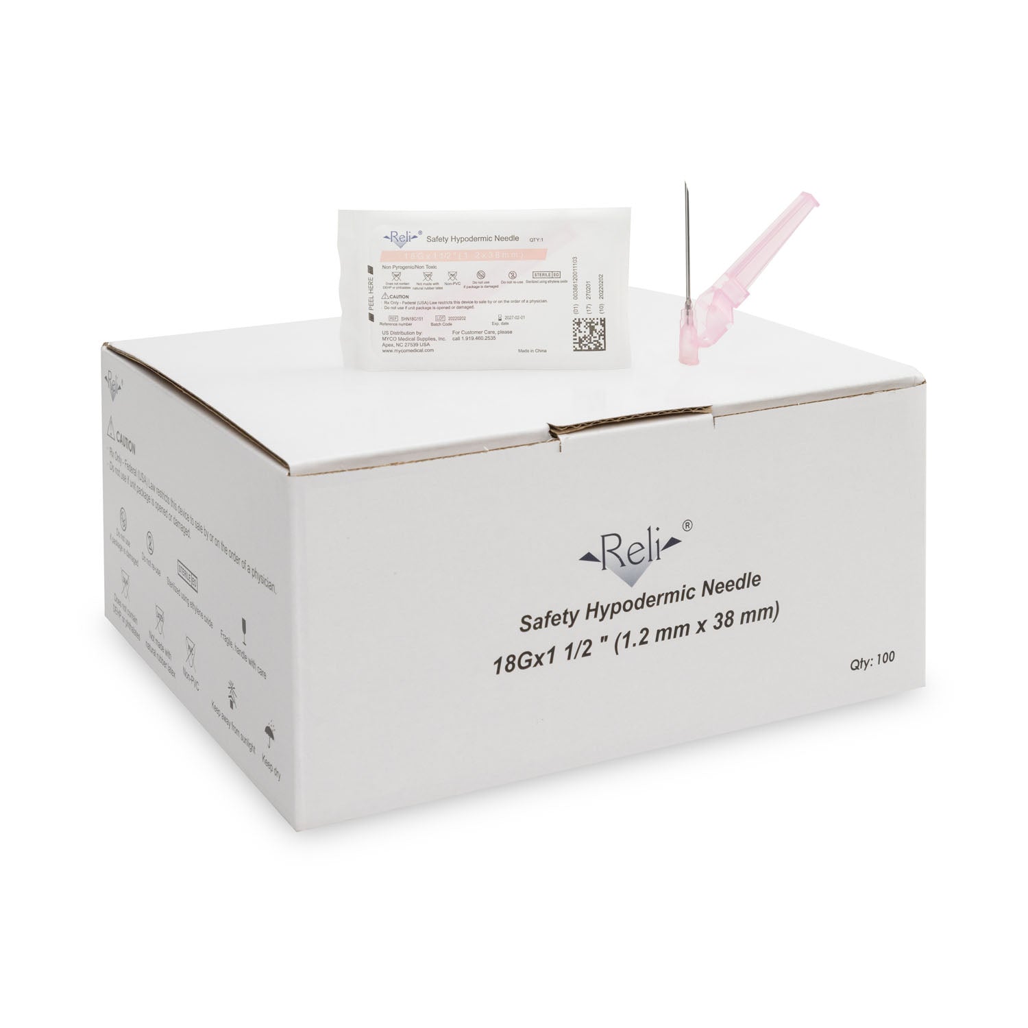 Safety Hypodermic Needle Only, 18G x 1-1/2", 100/bx (US Only)