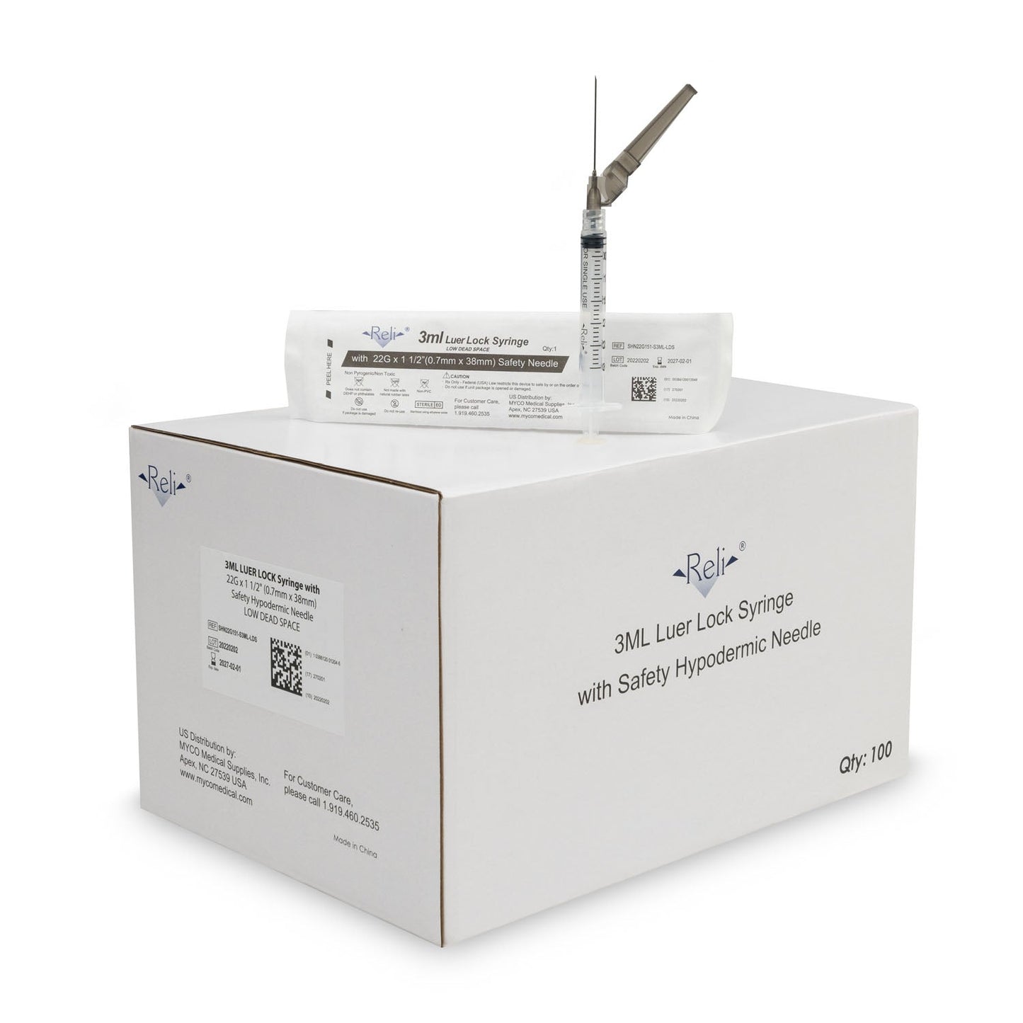 Safety Hypodermic Needle with 3mL Syringe, 20G x 1-1/2", Low Dead Space, 100/bx (US Only)