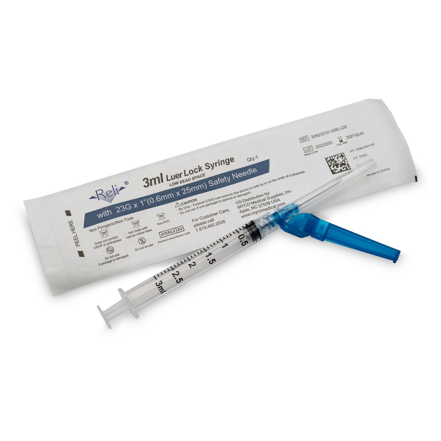 Safety Hypodermic Needle with 3mL Syringe, 23G x 1", Low Dead Space, 100/bx (US Only)