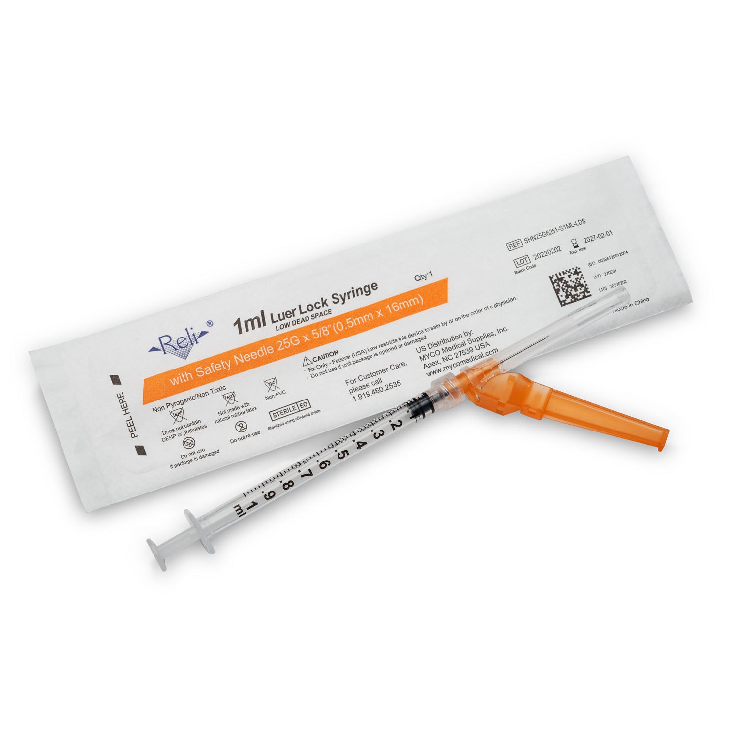 Safety Hypodermic Needle with 1mL Syringe, 25G x 5/8", Low Dead Space, 100/bx (US Only)