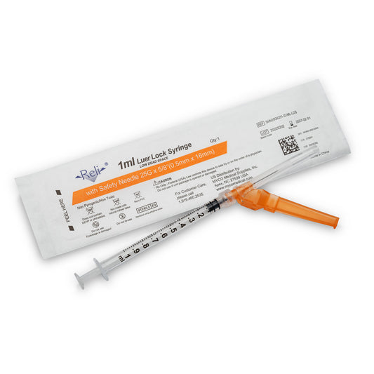 Safety Hypodermic Needle with 1mL Syringe, 25G x 5/8", Low Dead Space, 100/bx (US Only)