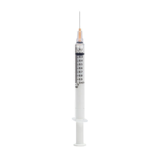 Safety Syringe with Needle, 1 mL, 25G x 1.0", Sterile, Orange, 100/bx (Rx) (Item is considered HAZMAT and cannot ship via Air or to AK, GU, HI, MP, PR, VI) (Available for Sale in US & Canada)