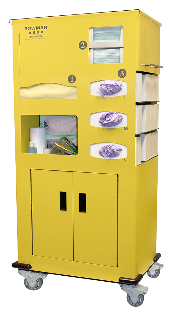BOWMAN PPE Cart II, Mobile Protection System Holds: Boxes of Earloop Face Masks or Box of Face Shields, Boxes of Gloves, Dedicated Storage Areas for Additional Supplies, Easy Roll 3" Casters, w/ Toe-Locking Brakes, Steel Doors w/ Magnetic Closures, Process Indicators Glove Size Indicators, Clear PETG Lid, Safety Yellow Powder-Coated Aluminum & Steel, Gray Powder-Coated Aluminum, Brushed Nickel Hardware, and Clear PETG Lid