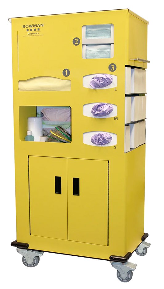 BOWMAN PPE Cart II, Mobile Protection System Holds: Boxes of Earloop Face Masks or Box of Face Shields, Boxes of Gloves, Dedicated Storage Areas for Additional Supplies, Easy Roll 3" Casters, w/ Toe-Locking Brakes, Steel Doors w/ Magnetic Closures, Process Indicators Glove Size Indicators, Clear PETG Lid, Safety Yellow Powder-Coated Aluminum & Steel, Gray Powder-Coated Aluminum, Brushed Nickel Hardware, and Clear PETG Lid