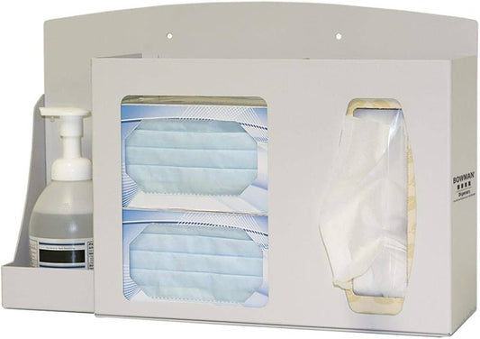 Respiratory Hygiene Station, Locking: Dispensing unit mounting area, (Holds two boxes of masks, and one, two boxes of facial tissues) Hinged locking lid, Keyholes for wall mounting (Or can be mounted to BOWMAN Floor Stand) Quartz Beige Powder-Coated, Steel (Made in the USA)