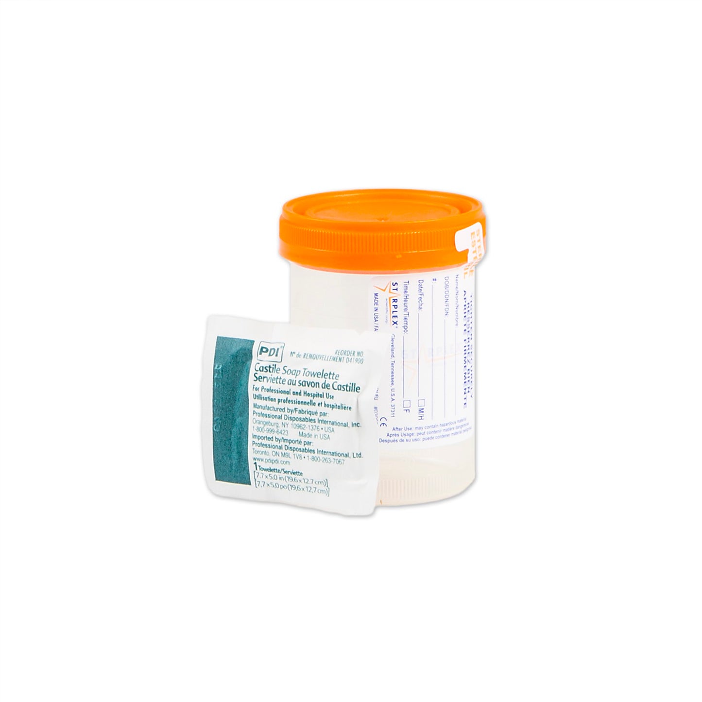 Midstream Catch Kit, 120mL, Quick Turn O-Ring Cap, Orange, Castile Towelette, 4 oz Capacity, Individually Bagged, 100/cs