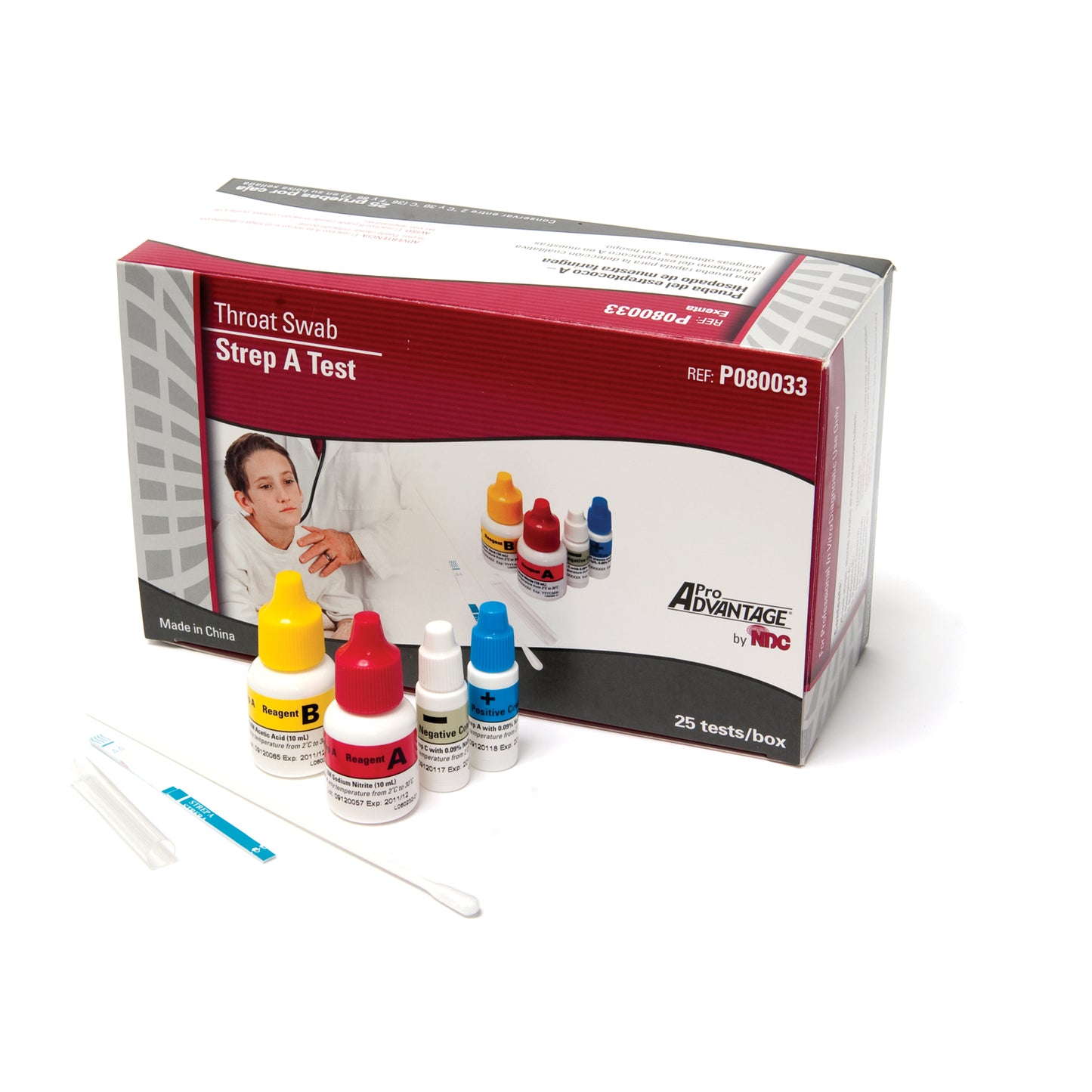 Includes 25 Strep A Test Strips, 25 Swabs, 25 Extraction Tubes, 1-10mL Reagent A, 1-10mL Reagent B, 1-1mL Positive Control, 1-1mL Negative Control, Package Insert, Procedure Card, CLIA Waived, 25 tst/bx
