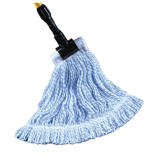 Waxer Finish Mop, 4Ply, Blue and White, 5" Headband, Single Tailband, Large (DROP SHIP ONLY from Golden Star, Inc. - $100 minimum order for prepaid freight outside the continental U.S., $100 dollar minimum order inside the continental U.S.)