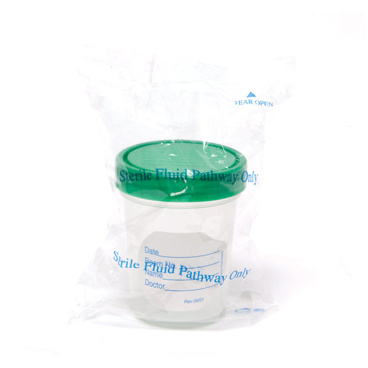 Specimen Container, Screw-On Lid & Label, 4 oz, Sterile, Packaged Individually in Poly Pouch, 100/cs (30 cs/plt)