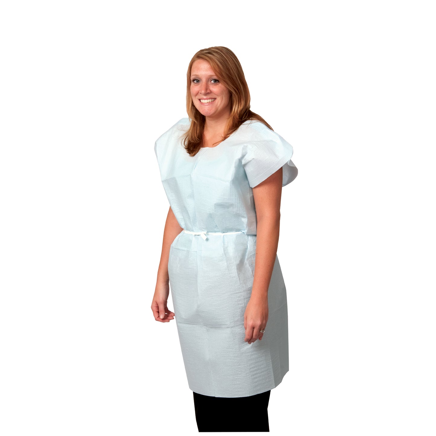 Exam Gown, Tissue/ Poly/ Tissue, 30" x 42", Blue, Traditional Front/ Back Opening, 50/cs (110 cs/plt)