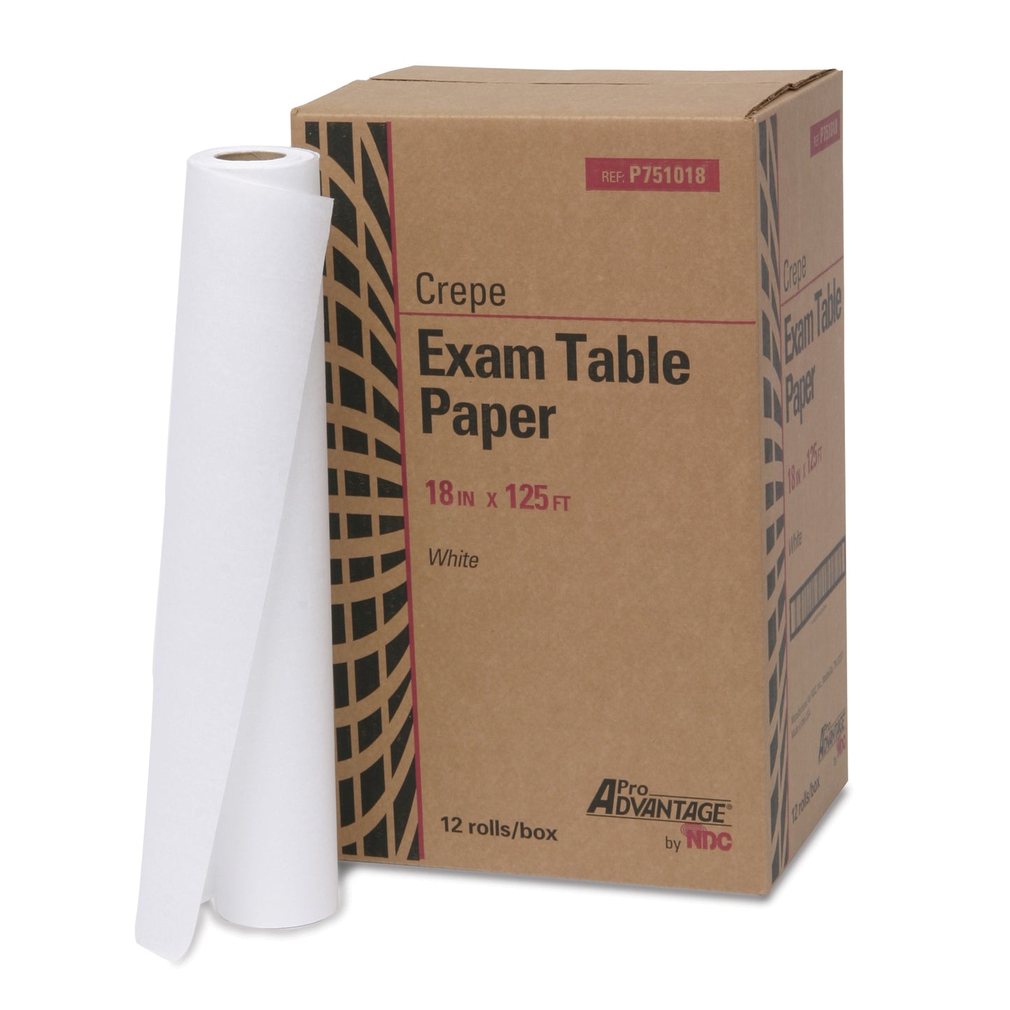 Exam Table Paper, 18" x 125 ft, White, Crepe, 12/cs (64 cs/plt) (020208)