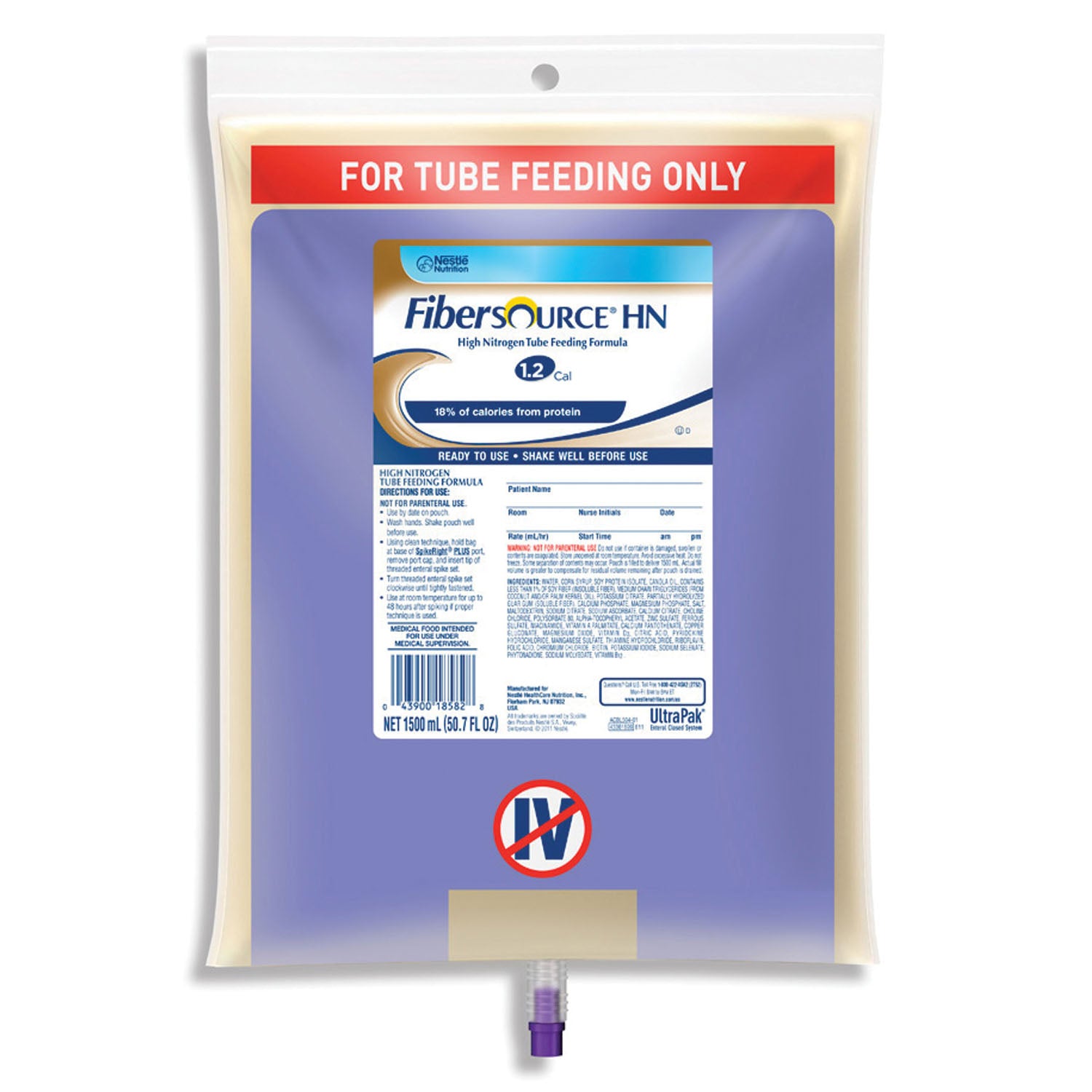 Fibersource HN SpikeRight Plus, 1500mL Closed System Containers, 4/cs (120 cs/plt) (Minimum Expiry Lead is 90 days; Non-Returnable) (Continental US Only) (Nestle products cannot be sold online without Nestle's prior written permission) (Products cannot be sold on Amazon.com or any other 3rd party site)