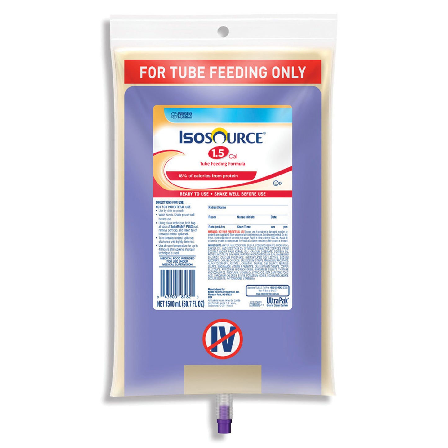 Isosource 1.5 Cal SpikeRight Plus, 1500mL, 4/cs (120 cs/plt) (Minimum Expiry Lead is 90 days; Non-Returnable) (Continental US Only) (Nestle products cannot be sold online without Nestle's prior written permission) (Products cannot be sold on Amazon.com or any other 3rd party site)