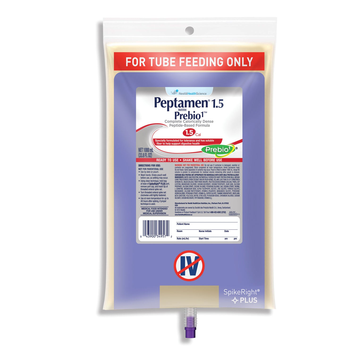 Peptamen 1.5, Prebio1, UltraPak SpikeRight 1000mL, 6/cs (120 cs/plt) (Minimum Expiry Lead is 90 days; Non-Returnable) (Continental US Only) (Nestle products cannot be sold online without Nestle's prior written permission) (Products cannot be sold on Amazon.com or any other 3rd party site)