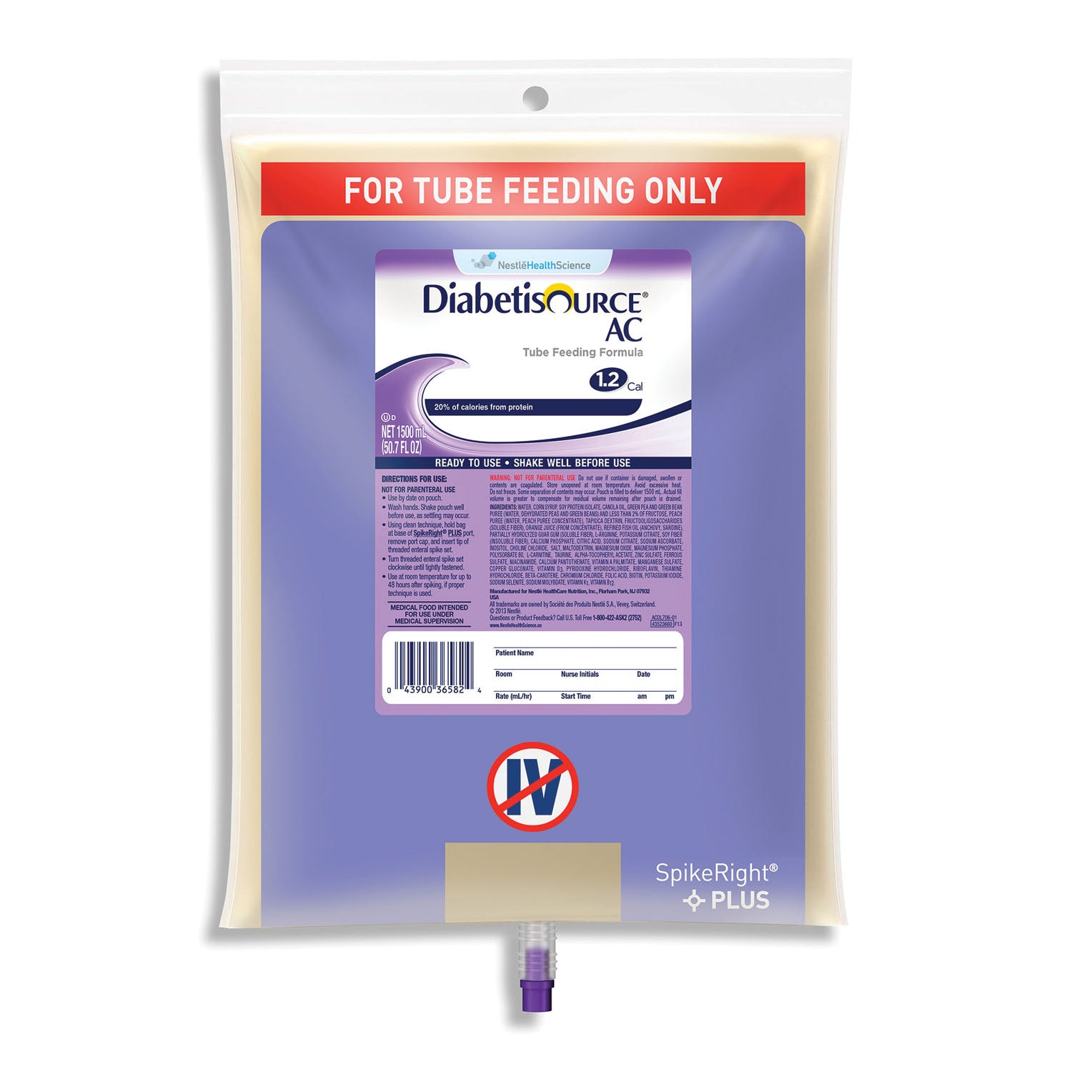 Diabetisource AC SpikeRight Plus, 1500mL, 4/cs (120 cs/plt) (Minimum Expiry Lead is 90 days; Non-Returnable) (Continental US Only) (Nestle products cannot be sold online without Nestle's prior written permission) (Products cannot be sold on Amazon.com or any other 3rd party site)