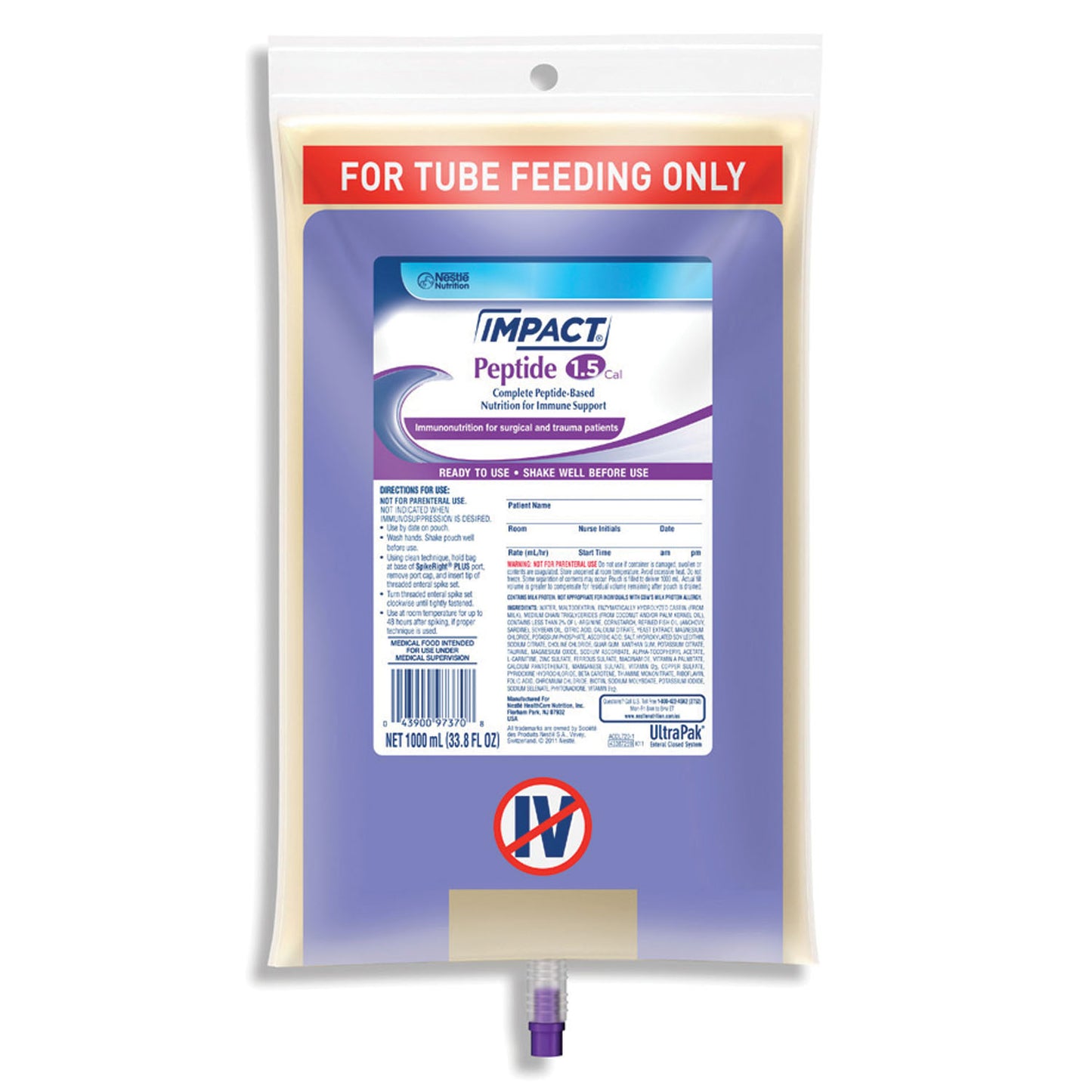 Peptide UltraPak SpikeRight, 1000mL, 6/cs (120 cs/plt) (Minimum Expiry Lead is 90 days; Non-Returnable) (Continental US Only) (Nestle products cannot be sold online without Nestle's prior written permission) (Products cannot be sold on Amazon.com or any other 3rd party site) (Item on Manufacturer Backorder - Inventory Limited when Available)