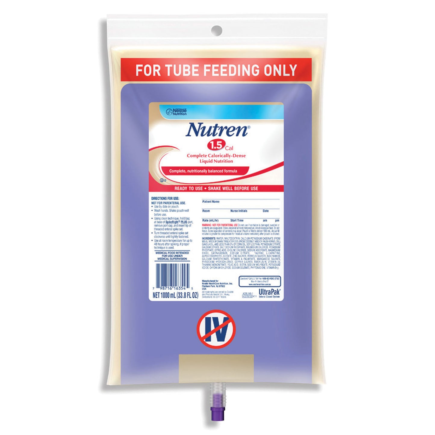 Nutren 1.5, UltraPak SpikeRight, 1000mL Cans, 6/cs (120 cs/plt) (Minimum Expiry Lead is 90 days; Non-Returnable) (Continental US Only) (Nestle products cannot be sold online without Nestle's prior written permission) (Products cannot be sold on Amazon.com or any other 3rd party site)