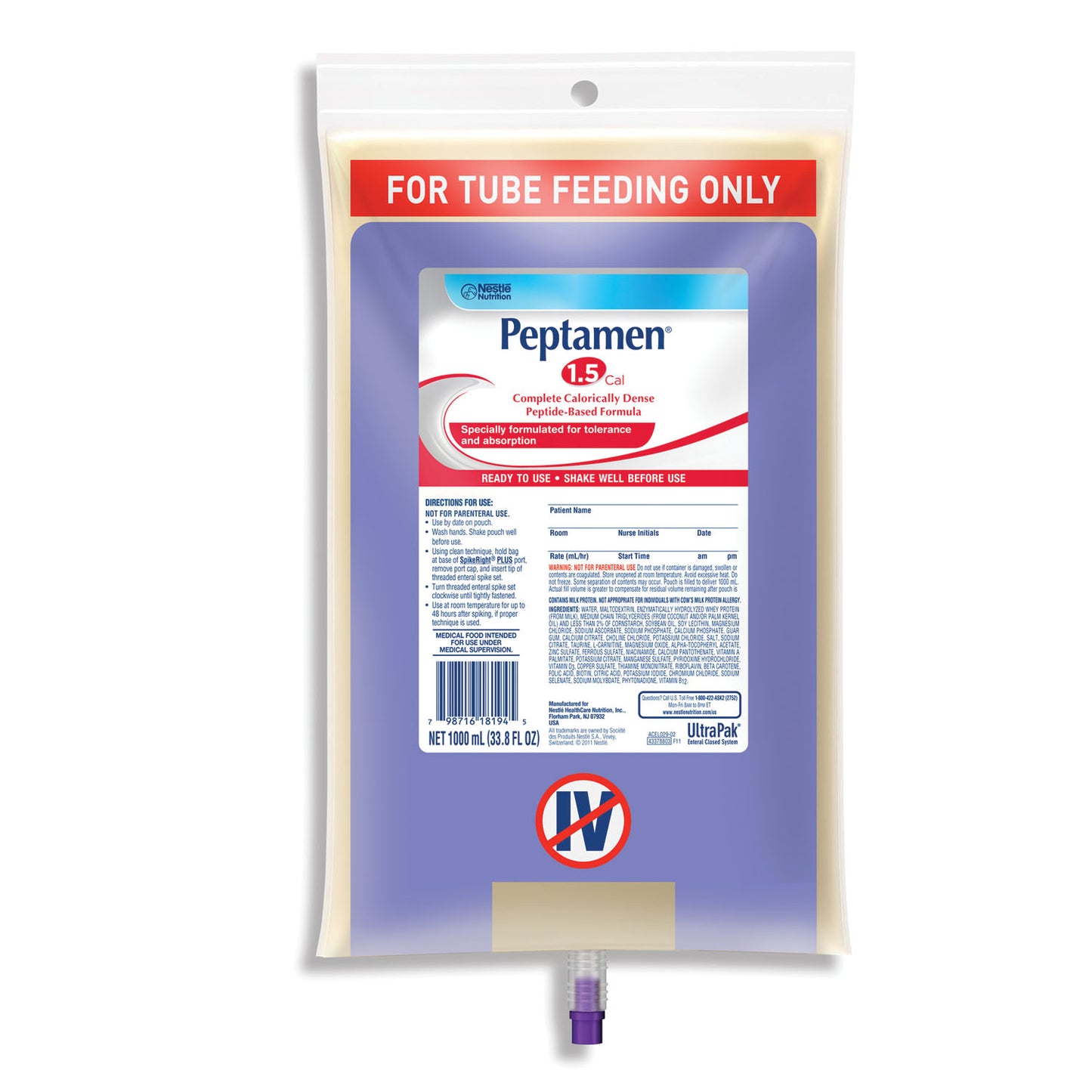 Peptamen 1.5, UltraPak System, 1000 mL Bags, 6/cs (120 cs/plt) (Minimum Expiry Lead is 90 days; Non-Returnable) (Continental US Only) (Nestle products cannot be sold online without Nestle's prior written permission) (Products cannot be sold on Amazon.com or any other 3rd party site)