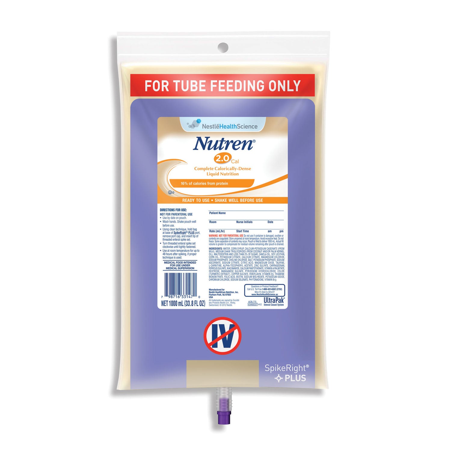 Nutren 2.0, UltraPak, SpikeRight, 1000mL Cans, 6/cs (120 cs/plt) (Minimum Expiry Lead is 90 days; Non-Returnable) (Continental US Only) (Nestle products cannot be sold online without Nestle's prior written permission) (Products cannot be sold on Amazon.com or any other 3rd party site)
