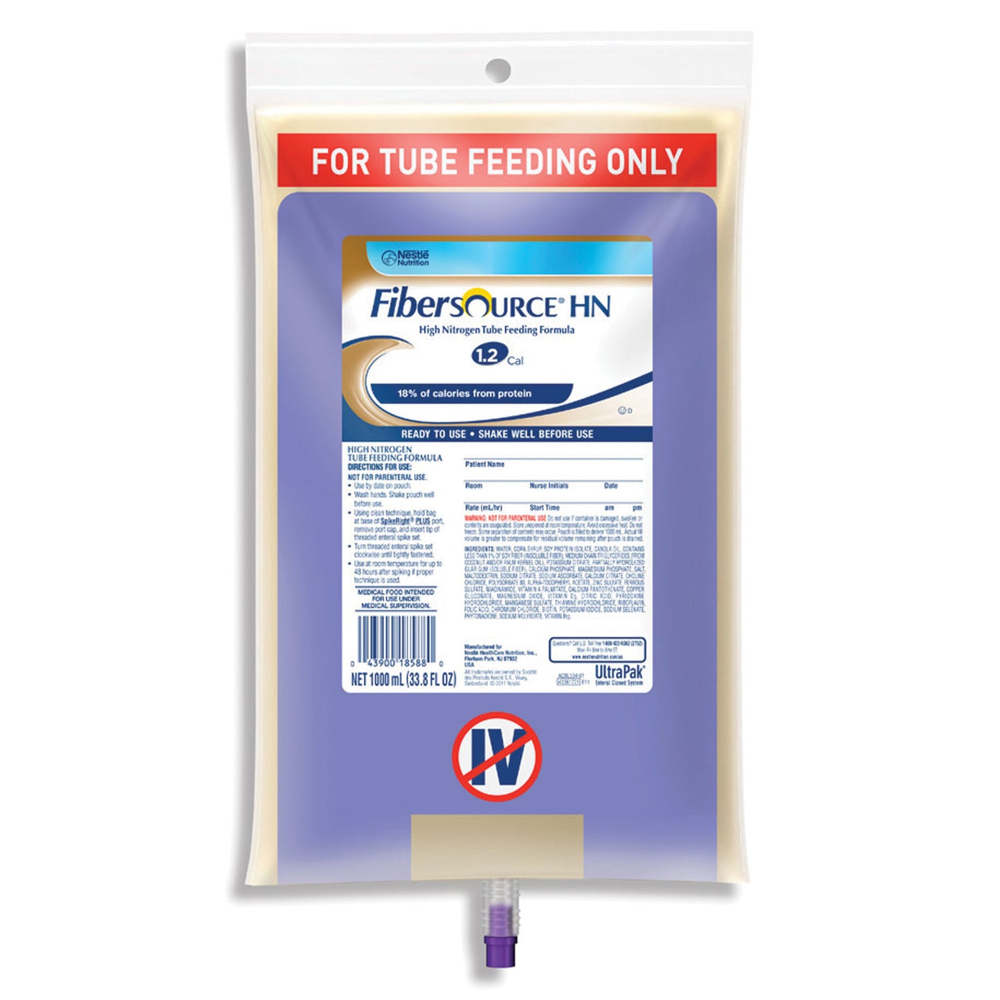 Fibersource HN SpikeRight 1000mL Closed System Containers, 6/cs (120 cs/plt) (Minimum Expiry Lead is 90 days; Non-Returnable) (Continental US Only) (Nestle products cannot be sold online without Nestle's prior written permission) (Products cannot be sold on Amazon.com or any other 3rd party site)
