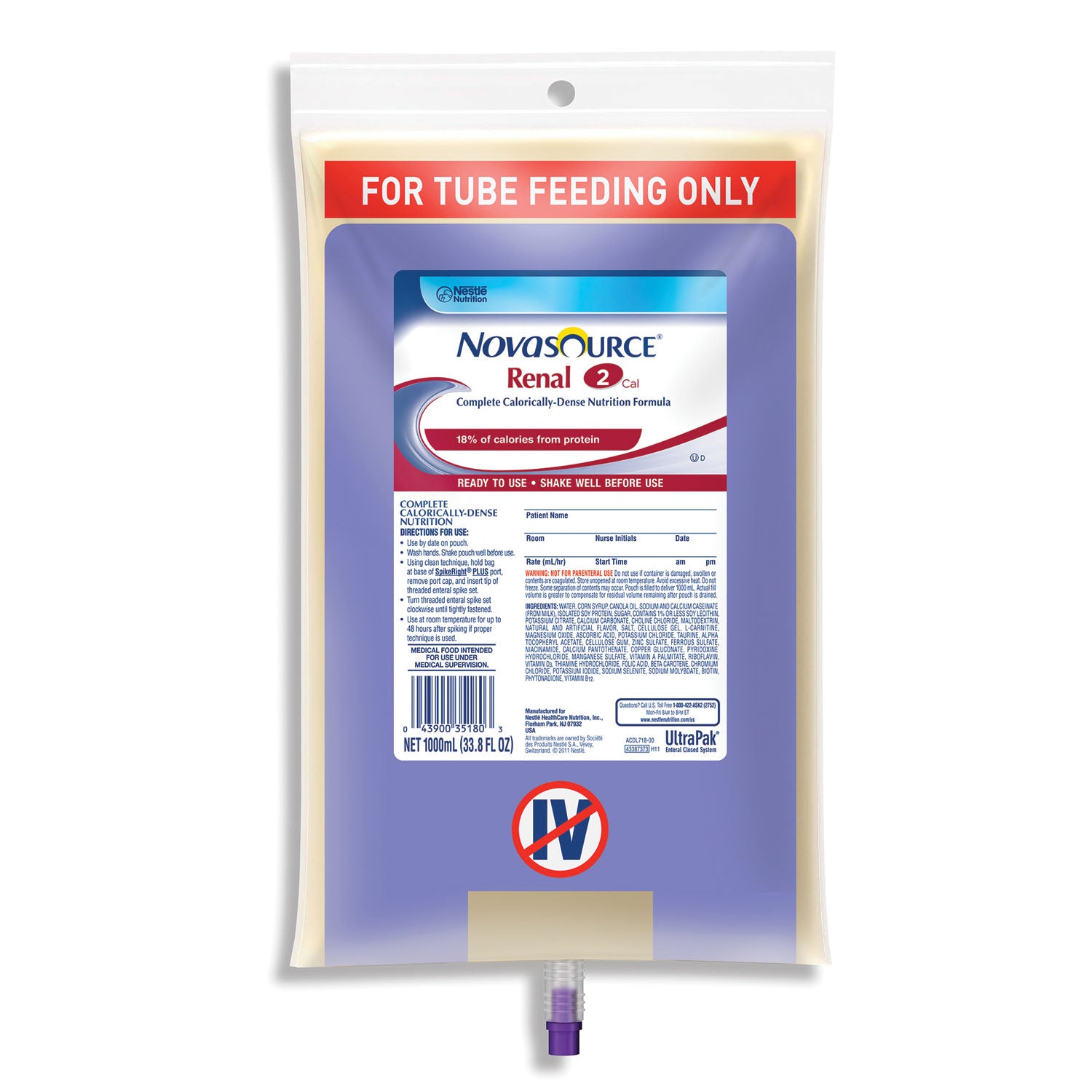 Novasource Renal SpikeRight 1000mL Closed System Containers, 6/cs (120 cs/plt) (Minimum Expiry Lead is 90 days; Non-Returnable) (Continental US Only) (Nestle products cannot be sold online without Nestle's prior written permission) (Products cannot be sold on Amazon.com or any other 3rd party site)