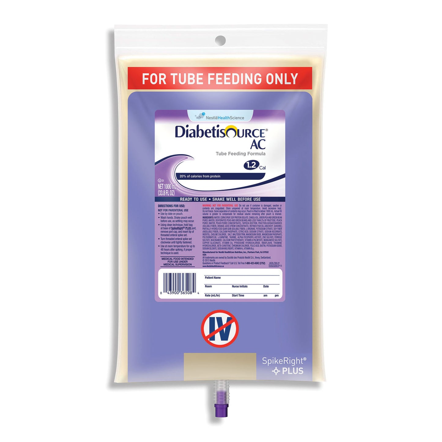 Diabetisource AC SpikeRight 1000mL, 6/cs (120 cs/plt) (Minimum Expiry Lead is 90 days; Non-Returnable) (Continental US Only) (Nestle products cannot be sold online without Nestle's prior written permission) (Products cannot be sold on Amazon.com or any other 3rd party site)