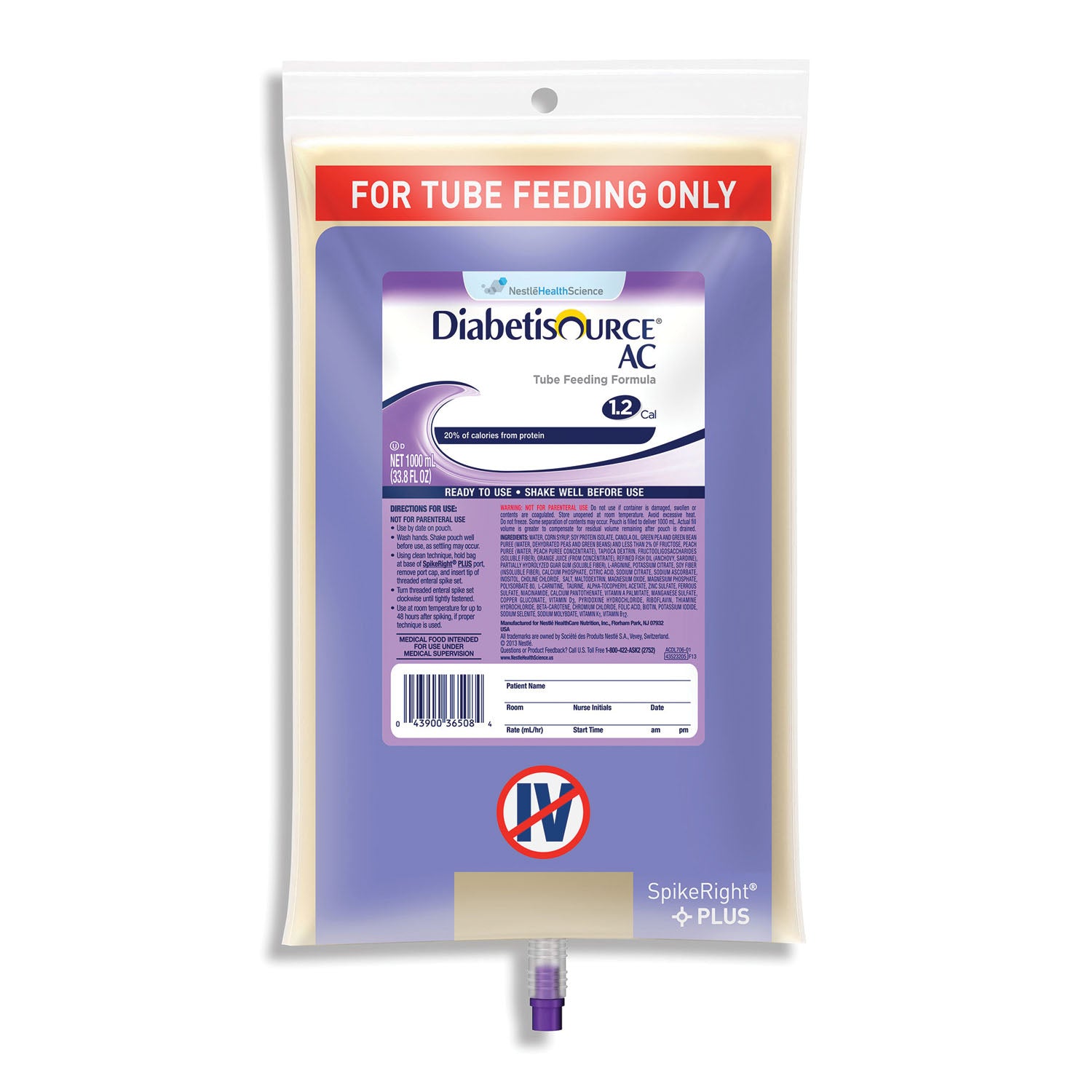 Diabetisource AC SpikeRight 1000mL, 6/cs (120 cs/plt) (Minimum Expiry Lead is 90 days; Non-Returnable) (Continental US Only) (Nestle products cannot be sold online without Nestle's prior written permission) (Products cannot be sold on Amazon.com or any other 3rd party site)