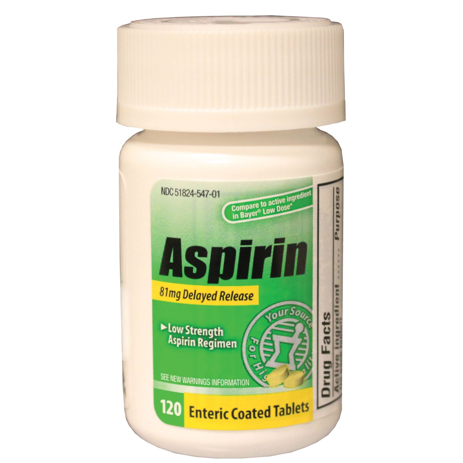 Aspirin, Adult, Low Dose 81mg, Enteric Coated Tablets, 120/btl, 24 btl/cs, Compare to the Active Ingredient in Bayer Low Dose (Not Available for sale into Canada)