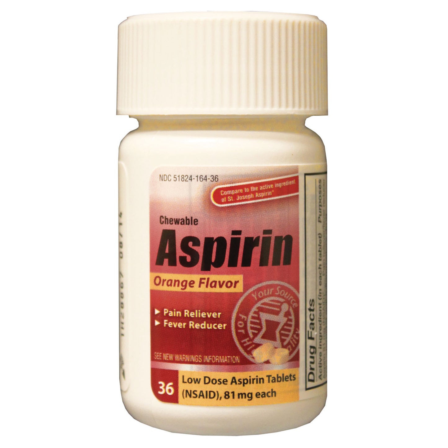 Aspirin, Chewable Tablets, 81mg, 36/btl, 24 btl/cs, Compare to St. Joseph Aspirin (Not Available for sale into Canada) 