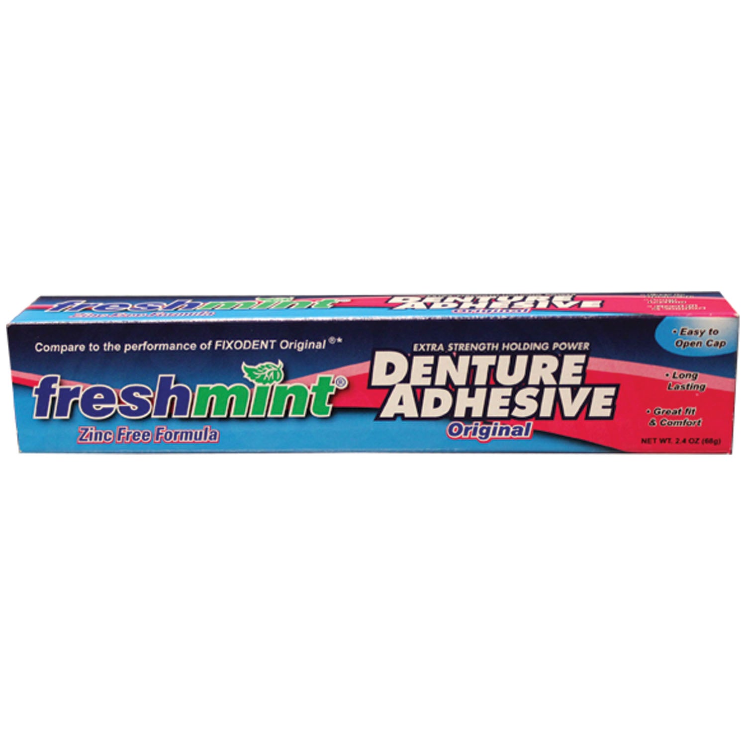 Denture Adhesive, Freshmint, 2.4 oz, Zinc-Free Formulation, Compared to the Performance of Fixodent Original, 12/bx
