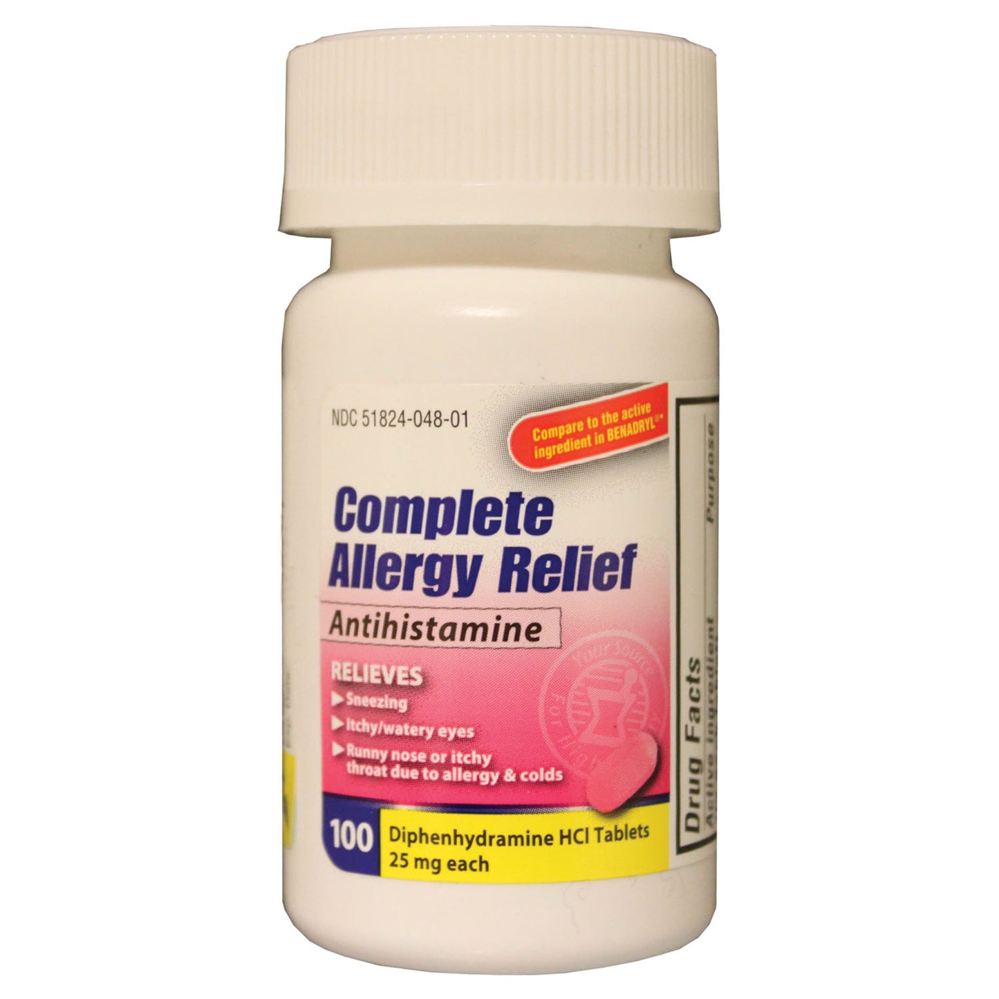 Diphenhydramine, 25mg, 100/btl, 24 btl/cs, Compare to Benadryl