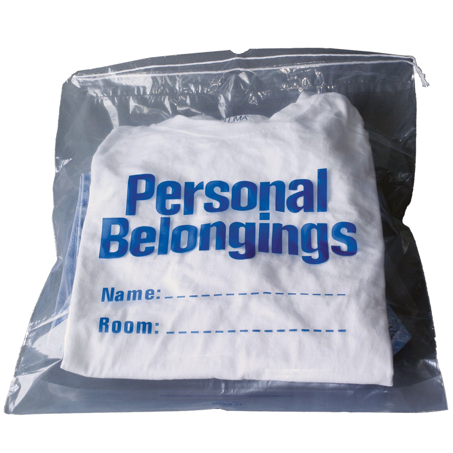 Personal Belongings Drawstring Bag, 17" x 20", Clear Bag with Blue Imprinting, 250/cs