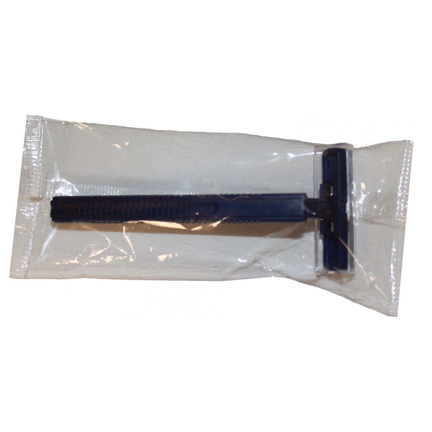 Twin Blade Razor, Stainless Steel, Clear Removable Safety Cap, One-Piece Navy Handle, Individually Wrapped in Polybag, 100/bx, 5 bx/cs (28 cs/plt)