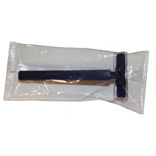 Twin Blade Razor, Stainless Steel, Clear Removable Safety Cap, One-Piece Navy Handle, Individually Wrapped in Polybag, 100/bx, 5 bx/cs (28 cs/plt)