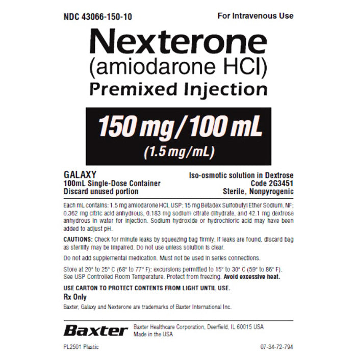 Nexterone (Amiodarone HCl) Premixed Injection, 150 mg/100 ml, 12/cs (Rx) (Item is Non-Returnable) (Continental US Only, Excluding IN and ND) (Product Access Restricted. Check with your sales rep to verify eligibility)
