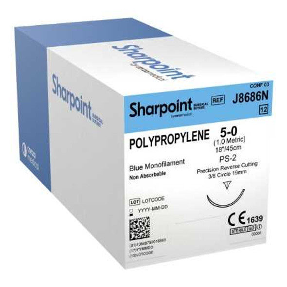 Polypropylene Suture, Monofilament, Reverse Cutting, Size 5-0, 18"/45cm, 18mm, 3/8 Circle, 12/bx