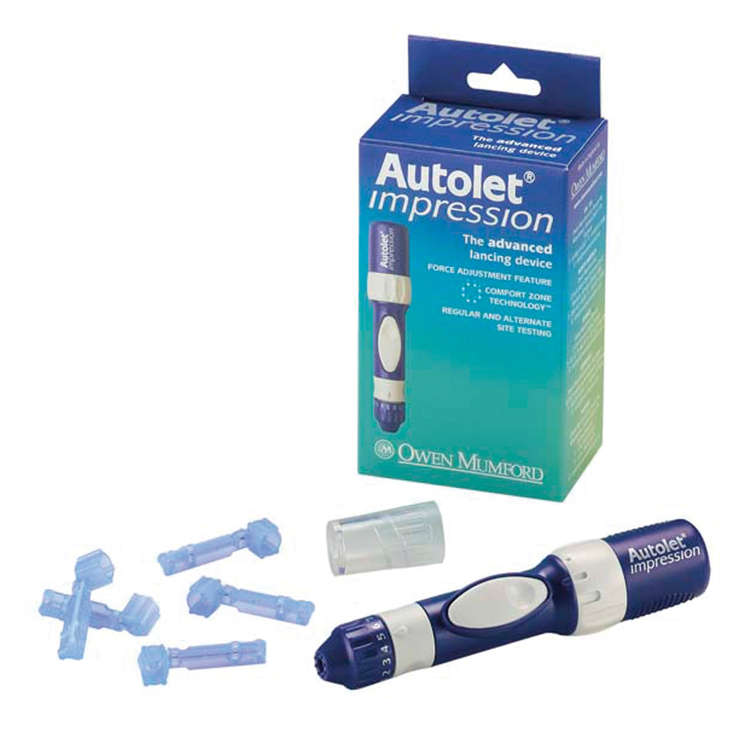 Autolet Impression, Includes: Device, 3 Unilet Lancets, 1 Depth Adjuster, 1 Alternate Site End Cap & Instructions for use