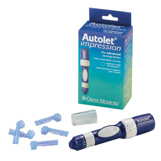 Autolet Impression, Includes: Device, 3 Unilet Lancets, 1 Depth Adjuster, 1 Alternate Site End Cap & Instructions for use