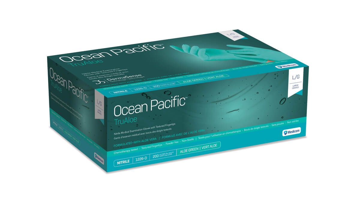 Ocean Pacific TruAloe Nitrile Exam Gloves, PF, Textured, Green. Large. 200/bx, 10 bx/cs (Not Available for sale into Canada)