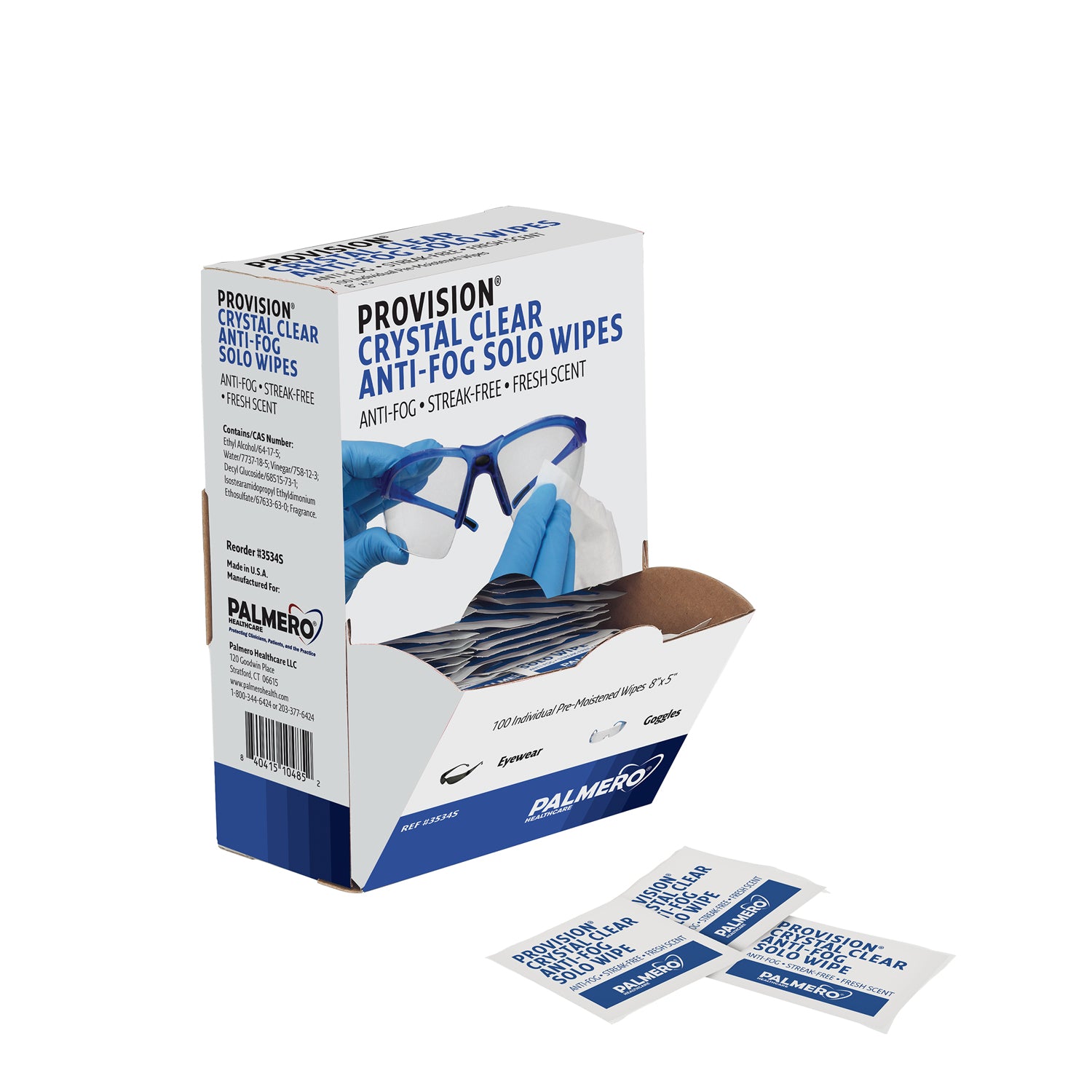 ProVision Crystal Clear Anti-Fog Solo Wipes, 8" x 5", 100 packs/dispenser box (US SALES ONLY)