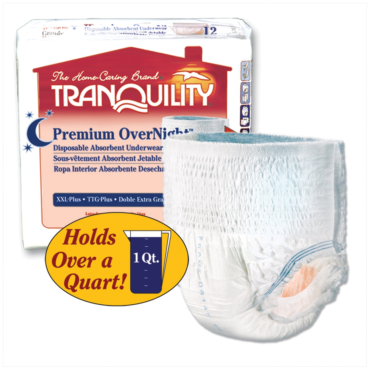 Underwear, XXL-Plus Overnight DAU, 62"-80", 250+ lbs, Capacity 34.0 fl oz, 12/bg, 4 bg/cs (30 cs/plt) (US Only) 