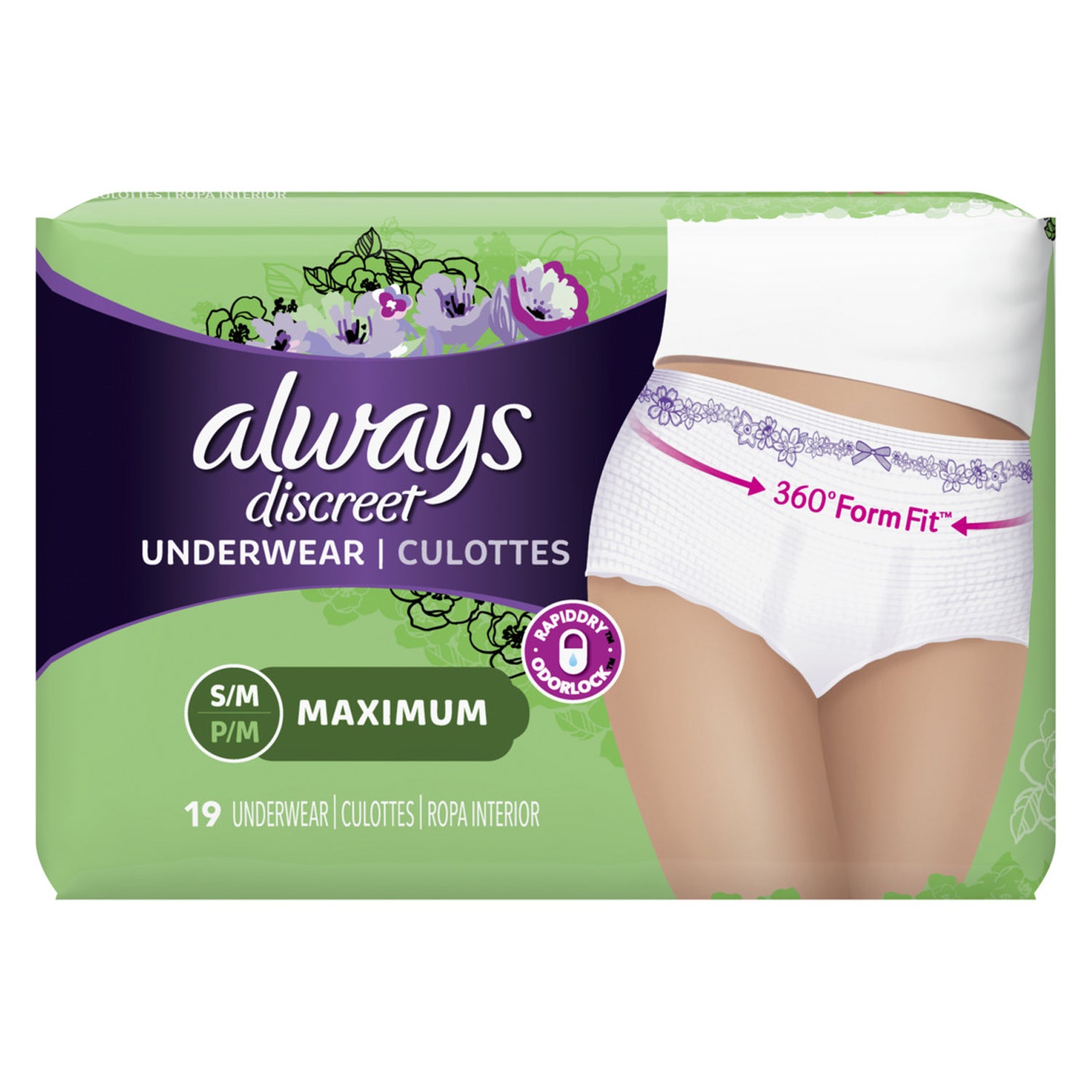 Always Discreet, Incontinence Underwear for Women, Maximum, Small/Medium, 19/bx, 3bx/cs
