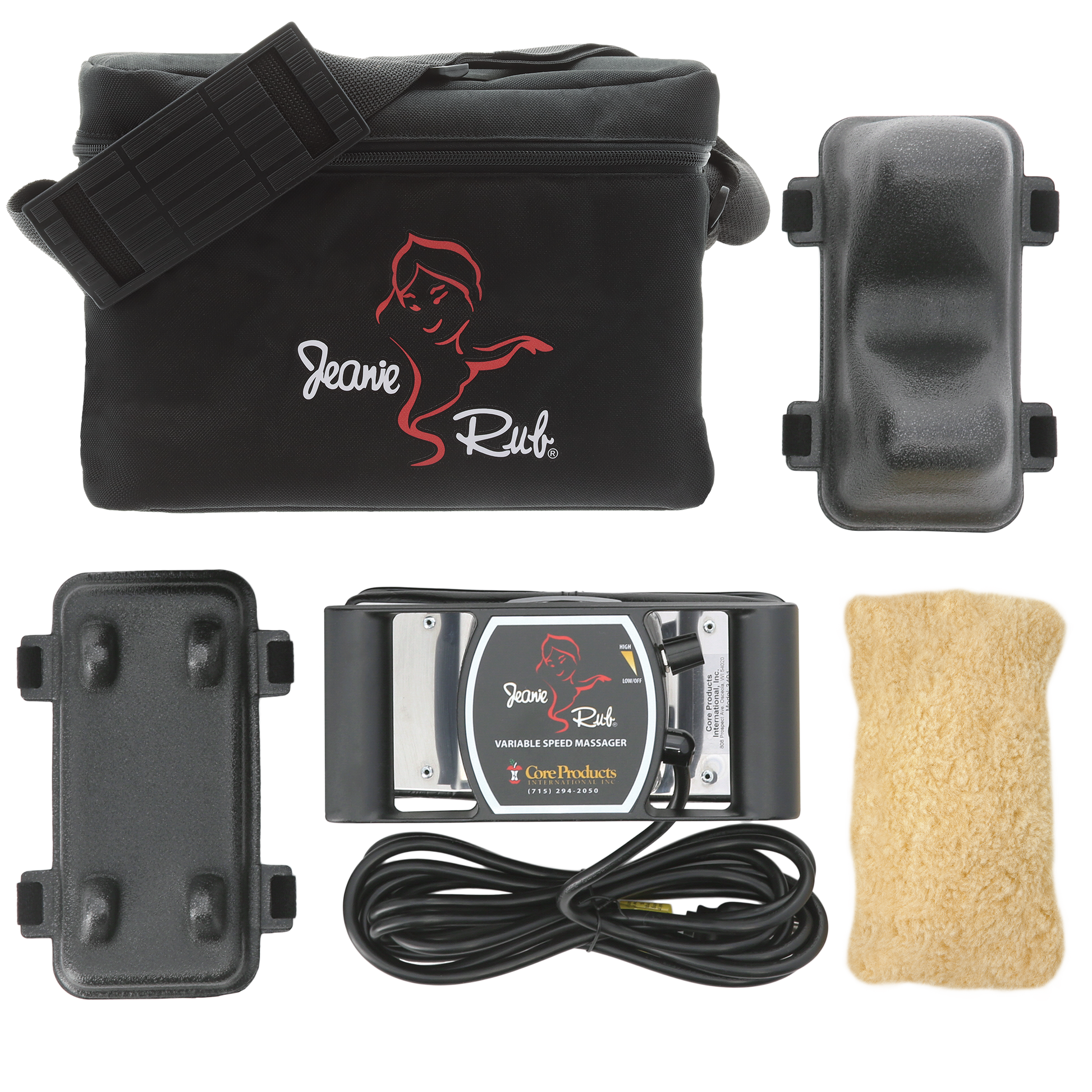 Jeanie Rub Professional Package Includes: Jeanie Rub Massager, Para-Spinal Accessory & Extremity Accessory, Fleece Pad Cover and Nylon Shoulder Bag